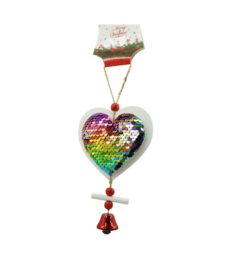Ornament de brad inima din paiete, Flippy, multicolor, lemn, 18 cm