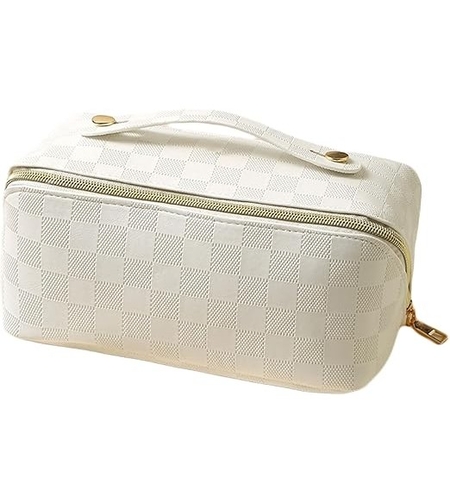 Geanta de Calatorie Flippy, Pentru Cosmetice, Portabila, Impermeabila, din Piele Ecologica, Compartimente Multiple, cu Fermoar, 22 x 13 x 12.5 cm, In Carouri, Alb