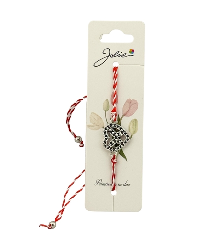 Martisor Bratara Snur Alb-Rosu, Jolie, Pandantiv Metalic, Model Inima cu Fluturas in interior