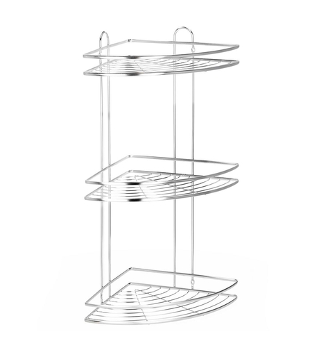 Etajera de colt pentru dus, cu 3 polite, montaj pe perete, inox, 25x25x59 cm, argintiu