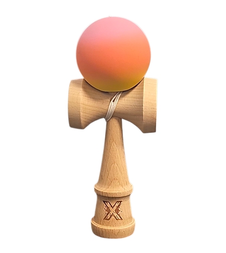 Kendama X Originala, Profesionala, Flippy, Rubber Grip, din Lemn, 18 cm, Roz/Portocaliu/Galben