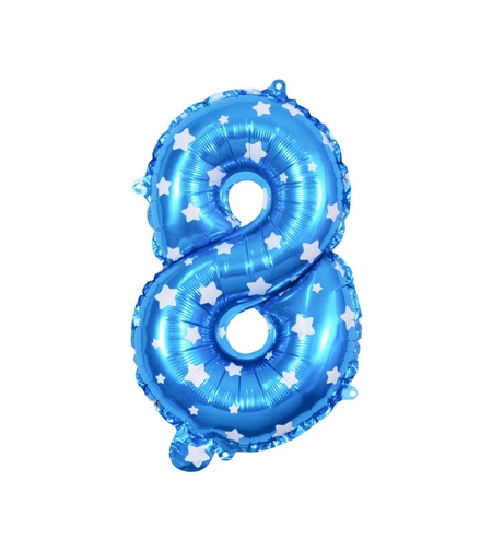 Balon din Folie Metalizata Flippy, Figurina Cifra, Imprimeu Stele, Tema Aniversare 80 cm, Ambalaj Individual, Pai inclus, Umflare cu Aer sau Heliu, Albastru, Cifra 8