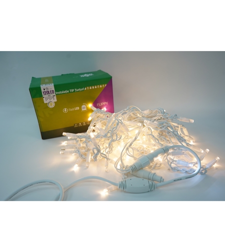 Instalatie de Craciun Vafy® Tip Franjuri cu Flash, IP65, Sectiune 5 m, 120 LED-uri, Interconectabila, Fir Alb, Alb Cald