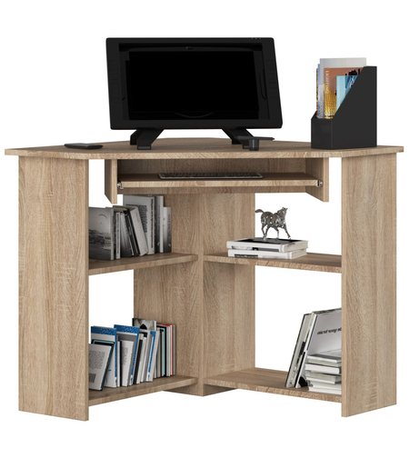 Birou de colt TED, cu rafturi si polita glisanta pentru tastatura, 80x80x74 cm, stejar sonoma