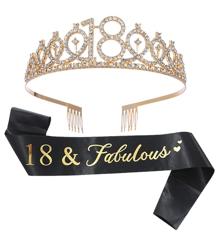 Set 2 Piese pentru Majorat, Flippy, 15 x 13 x 5 cm, Coronita Printesa Gold si Panglica 18&Fabulous, Negru