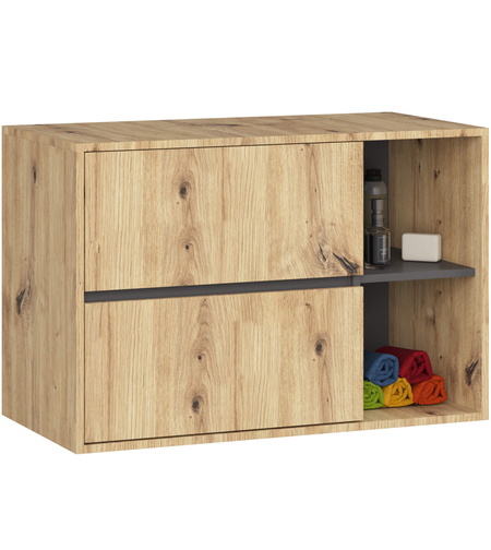 Etajera de baie suspendata, cu 2 sertare, PAL 16 mm, 90x46x60 cm, stejar artisan si gri
