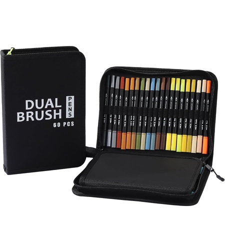 Set Carioci pe Baza de Apa, Flippy, 2 in 1, pentru Pictura, Caligrafie, 60 Culori, Penar Negru, Corp Carioca Negru, 26.5 x 17.5 x 4.5 cm, Multicolor