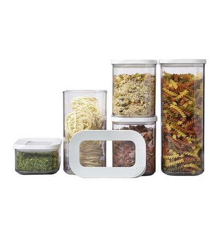 Set 5 Cutii de Depozitare Alimente, Flippy, Capac Alb, din ABS+Silicon, 23 x 15 x 27 cm, Transparent