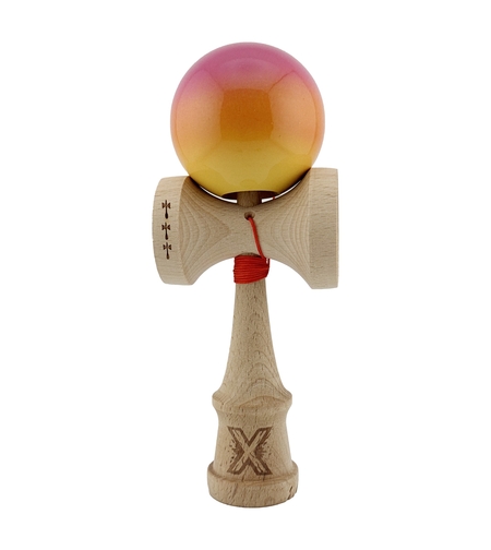 Kendama X Originala, Profesionala, Flippy, Big Cups V2, Super Sticky Cupe Mari, Rulment Metalic cu Ata 55 cm, Roz/Portocaliu/Galben