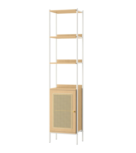 VASAGLE Biblioteca cu 6 etaje, cadru metalic, usa cu efect ratan Boho, 30x40x175 cm, alb si bej