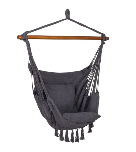 Hamac tip leagan suspendat pentru casa sau gradina HM45, gri inchis cu perne, 130x100cm, 150kg
