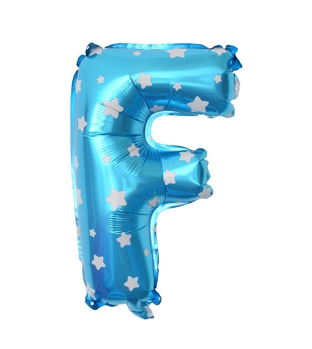 Balon Folie Metalizata Litera F, Flippy, 40 cm, Cu Imprimeu Stelute, Umflati cu Heliu sau Aer, Ambalaj Individual, Pai inclus, Albastru