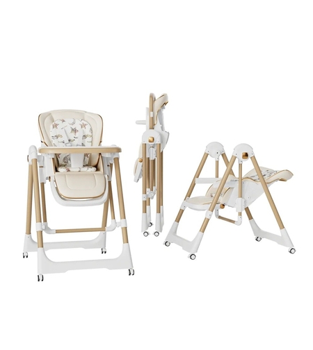 Scaun de Masa 2in1, Flippy, pentru Copii 6 luni - 4 Ani, Pliabil, cu Roti, Balansoar, Leagan, Reglabil, Tava de Masa Dubla, Centura in 5 Puncte, 96 x 56 x 76 cm, Sampanie