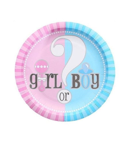 Set 10 Farfurii Gender Reveal, Vafy, Girl or Boy, din Carton, 18 cm, Roz/Albastru