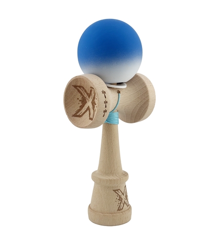Kendama X Originala, Profesionala, Flippy, Rubber Grip, Cupe Mari KING SIZE V3, Gaura in Baza, Rulment Metalic, din lemn 18 cm, Ata 62/65 cm, Gradient Albastru/Alb