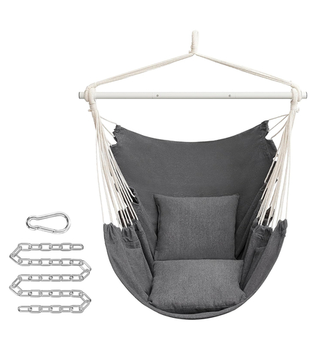 SONGMICS Fotoliu suspendat tip hamac cu 2 perne, lant si carabiniera incluse, 150x128 cm, gri inchis