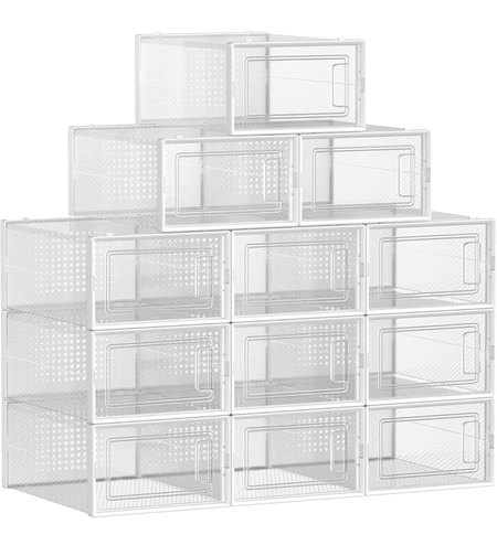 SONGMICS Cutii de pantofi, set de 12 organizatoare stivuibile, structura rezistenta ABS, 34x23x14 cm, transparent