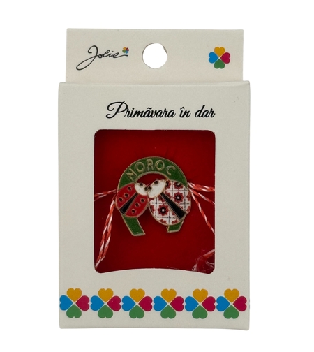 Martisor Brosa Mica in Cutie, Jolie, Design cu Mesaj, Dimensiune 2.5-3 cm, Material Metal, Model Potcoava si Buburuza