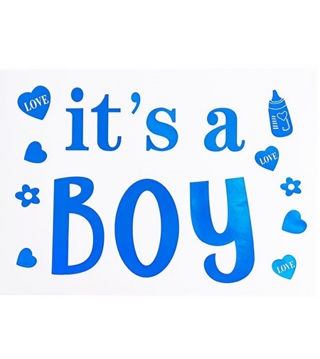 Sticker Autocolant, Vafy, Tematica Gender Reveal, Model Scris It's a Boy, 19.5x27.5 cm, Albastru