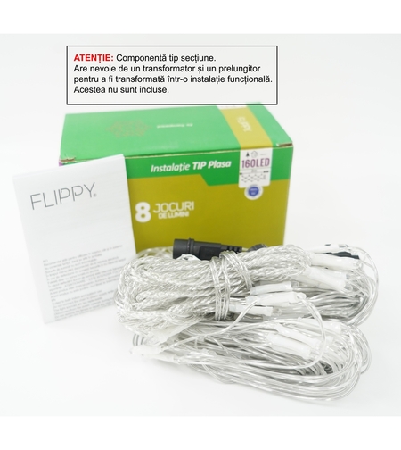 Sectiune Instalatie de Craciun Vafy, Tip Plasa, 160 LED-uri, 2 m x 2 m, 8 jocuri de lumini, Interconectabila, Fir transparent, Albastru