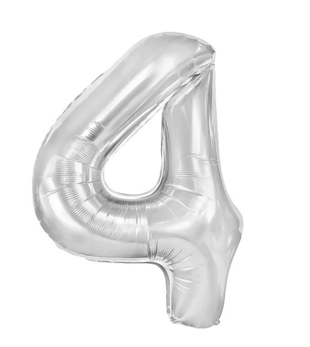 Balon din Folie Metalizata, Flippy, Figurina Cifra, Tema Aniversare 40 cm, Ambalaj Individual, Pai inclus, Umflare cu Aer sau Heliu, Argintiu, Cifra 4