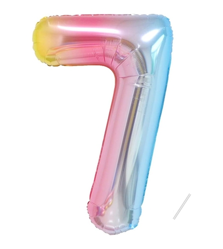 Balon din Folie Metalizata Gradient Flippy, Figurina Cifra, Tema Aniversare 100 cm, Ambalaj Individual, Pai inclus, Umflare cu Aer sau Heliu, Multicolor, Cifra 7
