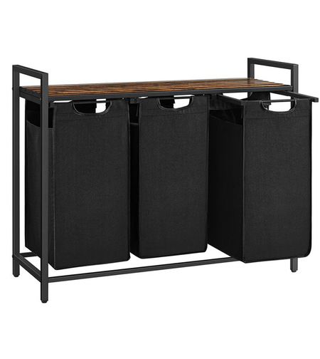 VASAGLE Cos de rufe, 3 compartimente, saci de rufe detasabili, raft, cadru metalic, 3x38L, 93x33x72 cm, maro vintage si negru