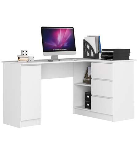 Birou colt dreapta in L cu 3 sertare si rafturi, PAL laminat 16 mm, 155x85x77 cm, alb