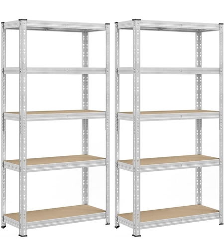 SONGMICS Set 2 rafturi metalice depozitare, 5 niveluri, reglabile, polite MDF, 875 kg, 40x90x180 cm, argintiu