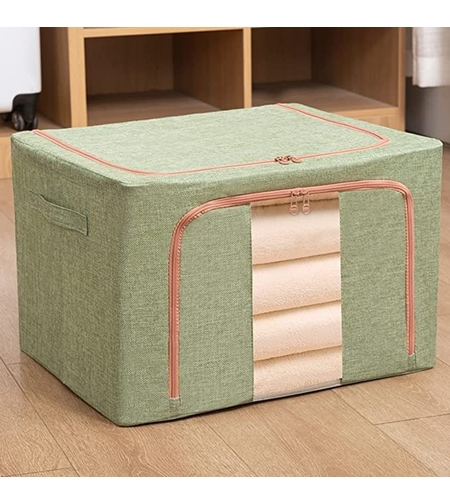Cutie de Depozitare Pliabila, Flippy, 24 L, din Bumbac si In, 40x30x20 cm, Fereastra Frontala, 2 Usi de Acces cu Fermoar Bidirectional, Cadru Metalic, Suport Baza Stabil din Plastic, Verde