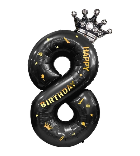 Balon din Folie Metalizata Flippy, Figurina Cifra si Coroana, Scris Happy Birthday, Tema Aniversare 100 cm, Ambalaj Individual, Pai inclus, Umflare cu Aer sau Heliu, Negru, Cifra 8