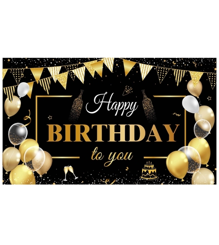 Banner Tip Fundal pentru Poze, Flippy, din Panza, Model Happy Birthday to You, 185 x 110 cm, Sfoara 6 m, Prindere in 4 Colturi, Negru/Auriu