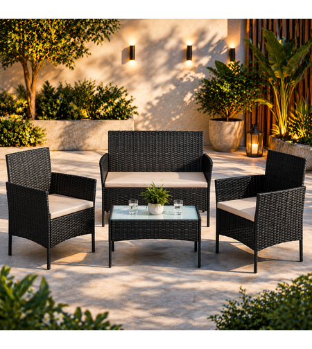 SONGMICS Set mobilier gradina 4 locuri, canapea, 2 scaune si masa cu sticla, ratan PE, negru