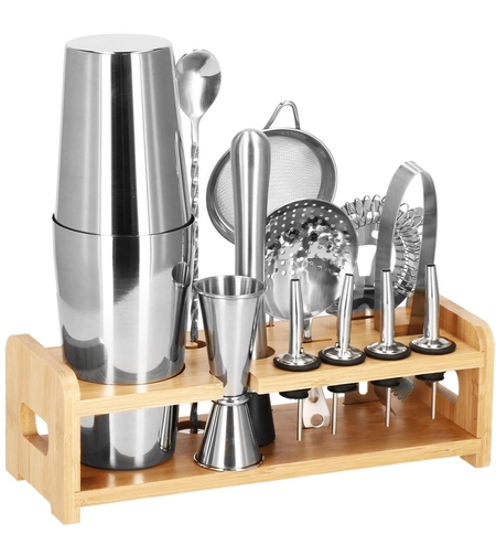 Set Cocktail Shaker Kit pentru barmani 750ml, KI11, suport bambus, 14 piese