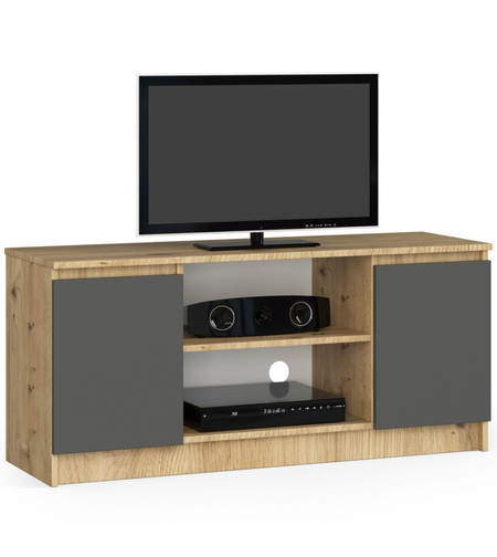 Comoda TV cu 2 usi si o polita, PAL laminat 16 mm, 120x40x55 cm, stejar artisan si gri