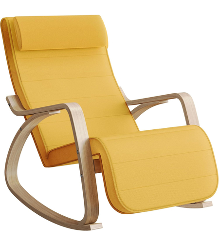 SONGMICS Scaun balansoar din lemn, suport picioare reglabil, maxim 150kg, 121x67x84 cm, galben