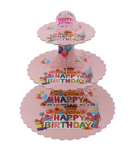 Etajera pentru Prajituri, Flippy, din Carton, 3 Nivele, 16/22/29 cm Diametru, Inaltime 38 cm, Tema Happy Birthday, Roz
