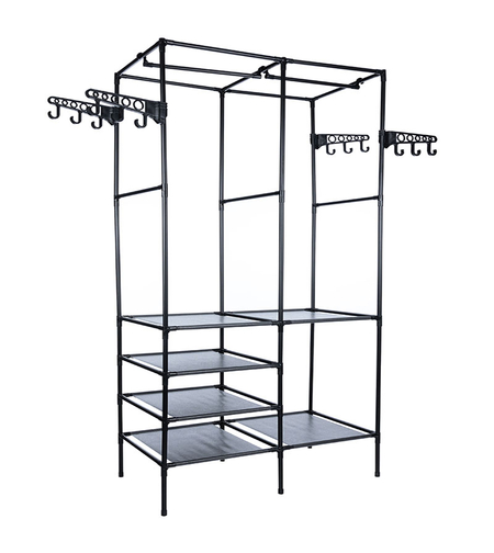 Stand de haine cu polite si tije pentru agatarea umeraselor, 85x44x174cm, negru