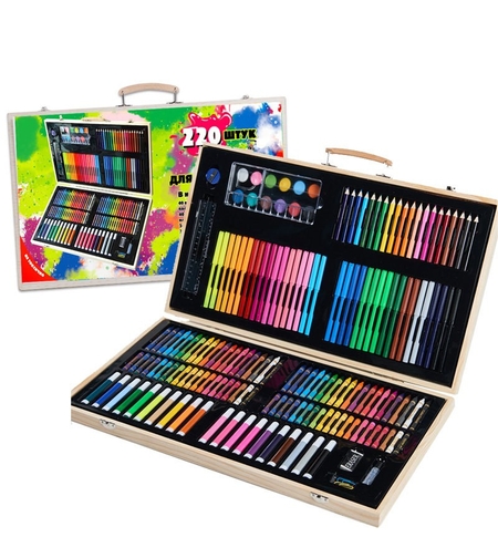 Set 220 Piese pentru Desen si Pictura, Flippy, Tip Servieta din Lemn, Model Natur, 48 x 30 x 5 cm, Multicolor