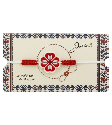 Martisor Traditional Bratara Norocoasa, Jolie, Model Trifoi Rosu Traditional, Bratara Martisor pentru Copii, din Plastic/Textil, Snur Alb/Rosu
