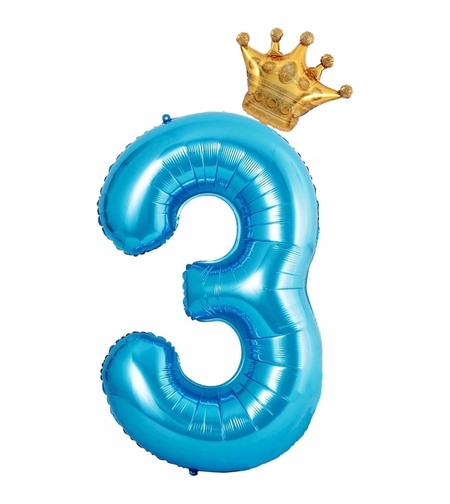 Balon din Folie Metalizata Flippy, Figurina Cifra si Coroana, Tema Aniversare 100 cm, Ambalaj Individual, Pai inclus, Umflare cu Aer sau Heliu, Albastru, Cifra 3