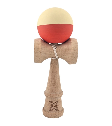 Kendama X Originala, Profesionala, Flippy, Rubber Grip, din Lemn, 18 cm, Galben deschis/Rosu