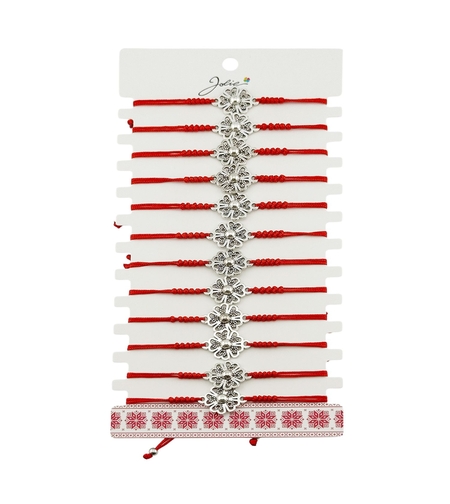 Martisor Bratara Impletita cu Pandantiv din Inox, Jolie, pentru Dama, Set 12 bucati, Snur Rosu Textil, Dimensiune Reglabila, Model Floare