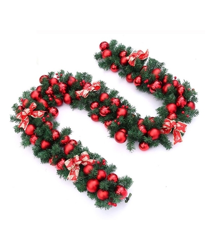 Ghirlanda decorativa Craciun cu Globuri rosii si funde rosii cu argintiu, Flippy, 2,70 m, Verde