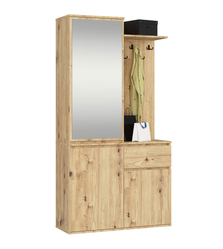 Set hol Entro cu oglinda, cuier si spatii de depozitare, PAL laminat 16 mm, 95x35x183 cm, stejar artisan