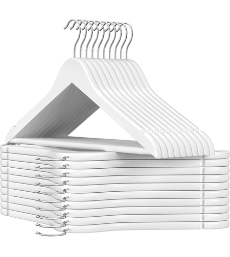 SONGMICS Set de 20 umerase din lemn, cu bara anti-alunecare pentru pantaloni, carlig pivotant la 360°, 45cm, alb