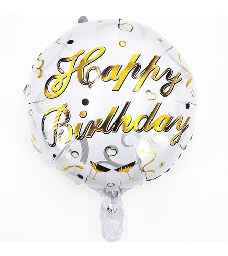 Balon din Folie Metalizata, Flippy, Mini Figurina Rotunda, Model Happy Birthday, Tema Aniversare, 45 cm, Ambalaj Individual, Pai inclus, Umflare cu Aer sau Heliu, Argintiu
