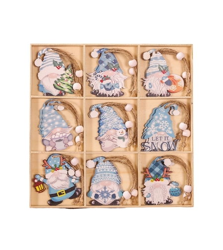 Set 18 Decoratiuni de Craciun din Lemn, Flippy, cu Snur pentru Agatare in Brad, Model Gnomi, Diferite Dimensiuni, Albastru