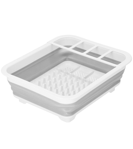 Uscator de vase pliabil, din pastic si silicon, 36x31x12cm, suport tacamuri, alb si gri