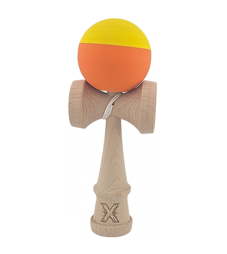 Kendama X Originala, Profesionala, Flippy, din Lemn, Rubber Grip, 18 cm, Galben/Portocaliu